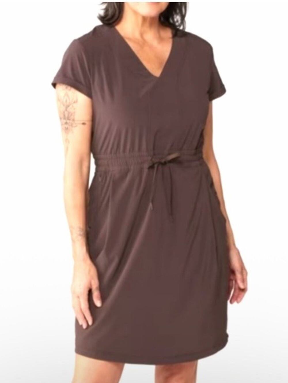 REI Co-op Gorpcore Brown Drawstring Waist Short Sleeve Travel Light Dress Sz Sm